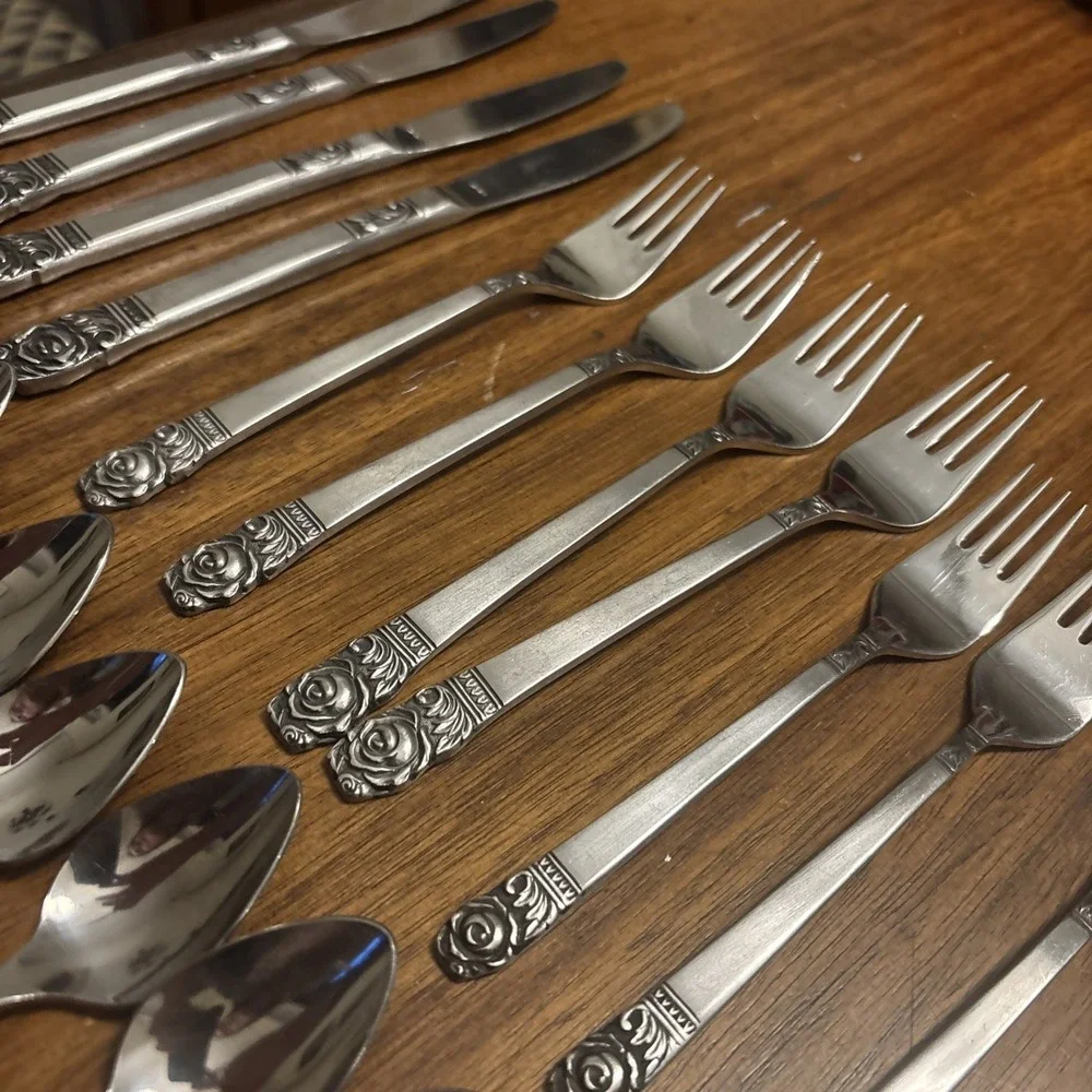 29‎ pc.  Mid Century Interpur Rose Tip Stainless Steel Japan Flatware Silverware
